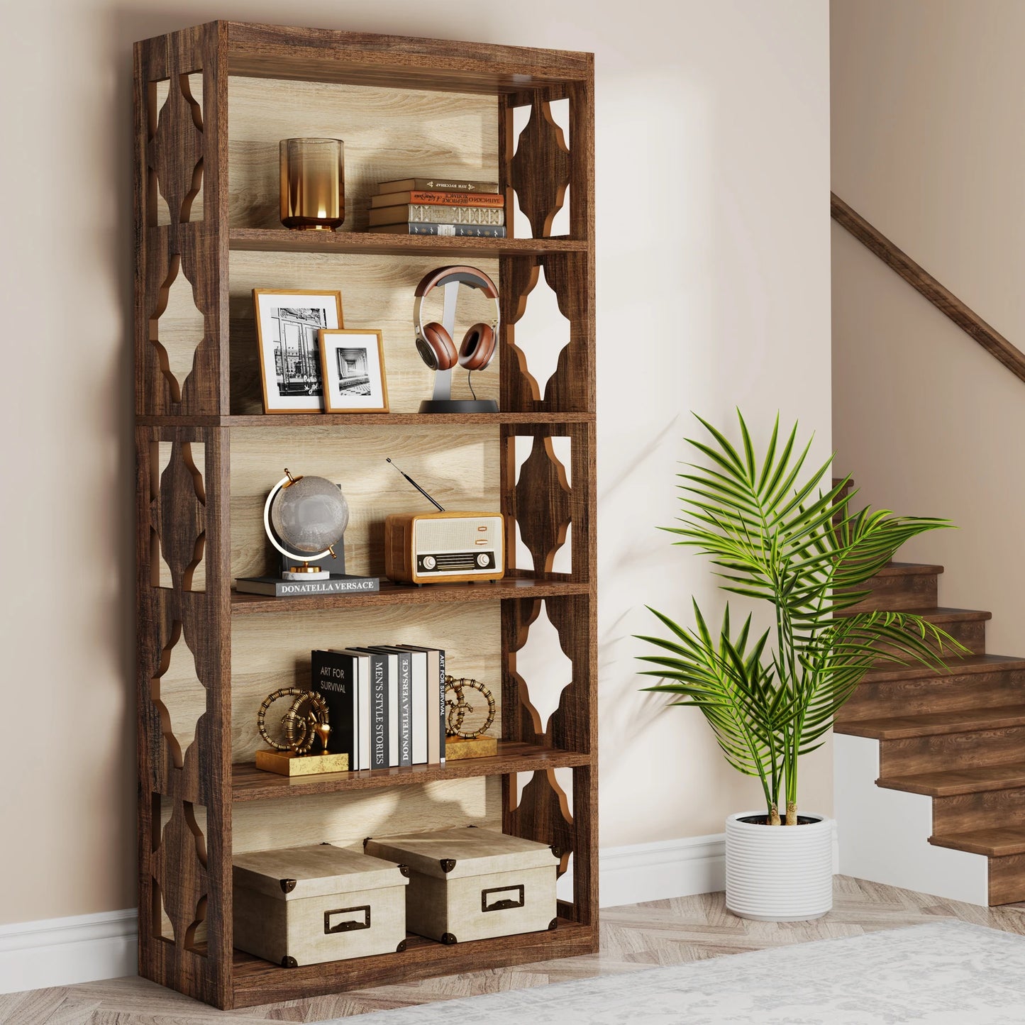 Tribesigns Industrial Wood Bookshelf Floor Standing Storage Shelves