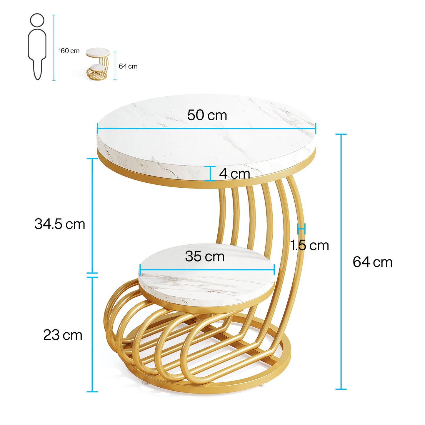 Tribesigns Gold Round End Table Two Tiers Faux Marble Storage
