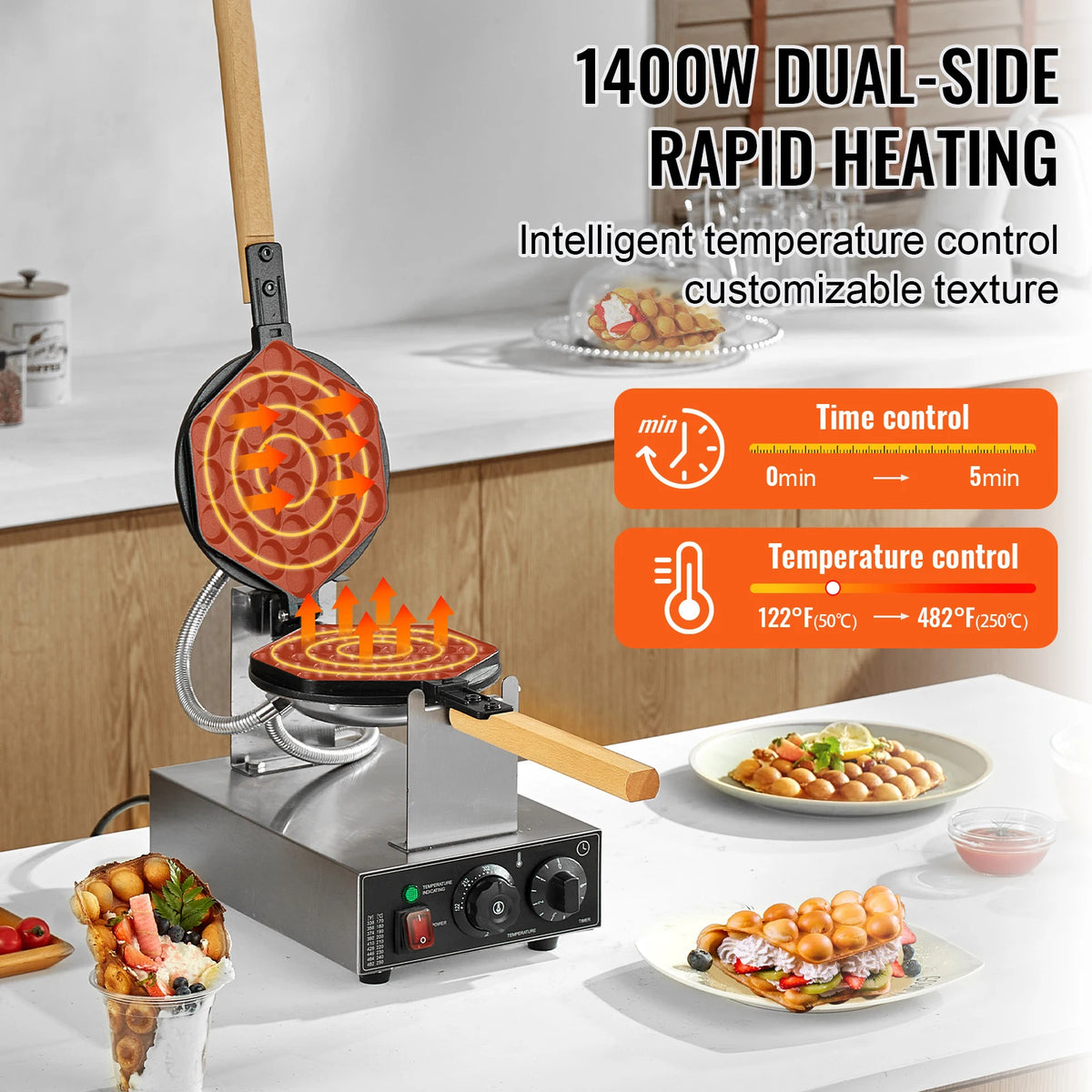 VEVOR Commercial Bubble Waffle Maker 1400W Stainless Steel Wooden Handle