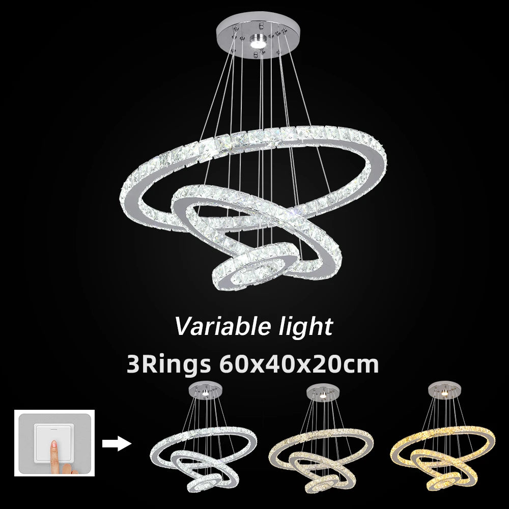 GreeLustr Modern Crystal Chrome Led Pendant Light Adjustable Ring Chandelier