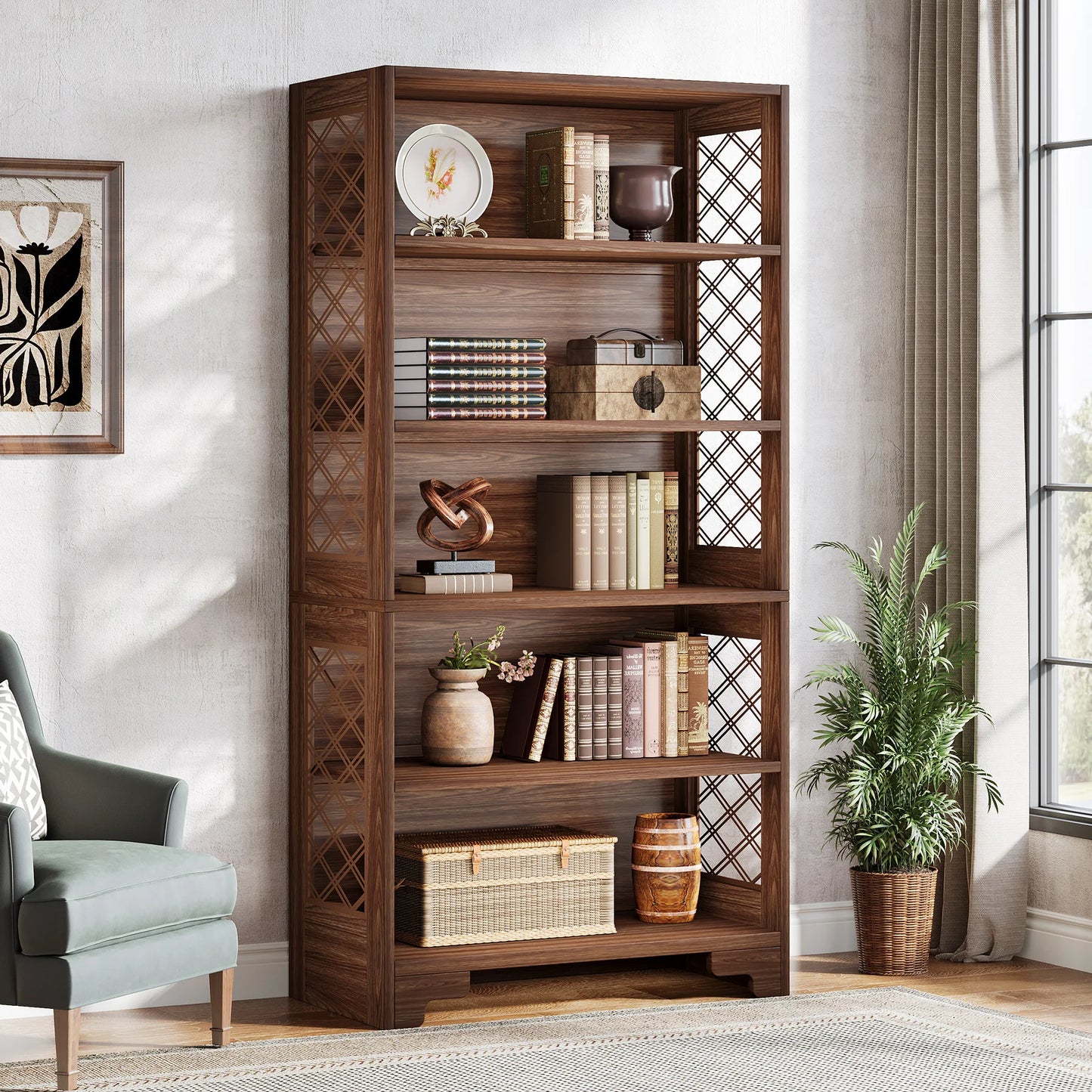 Tribesigns Industrial Wood Bookshelf Floor Standing Storage Shelves