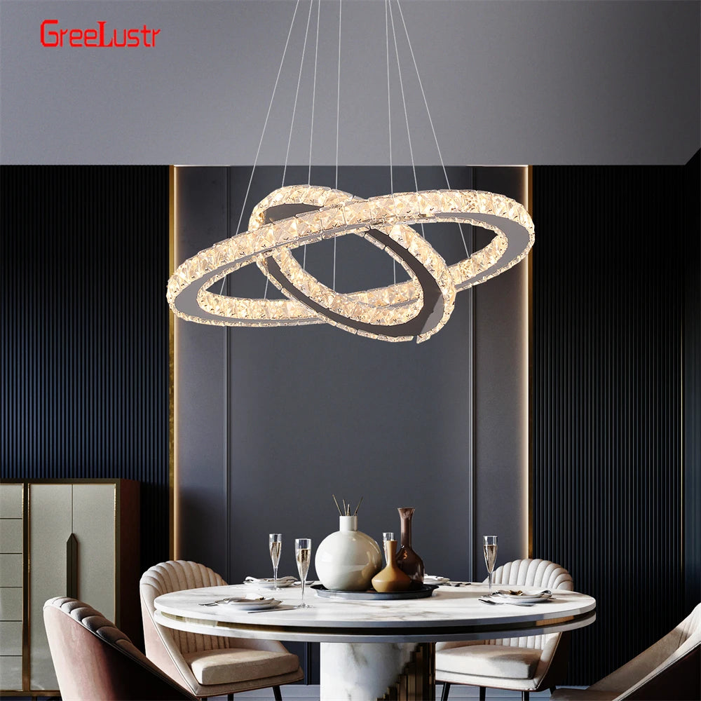 GreeLustr Modern Crystal Chrome Led Pendant Light Adjustable Ring Chandelier