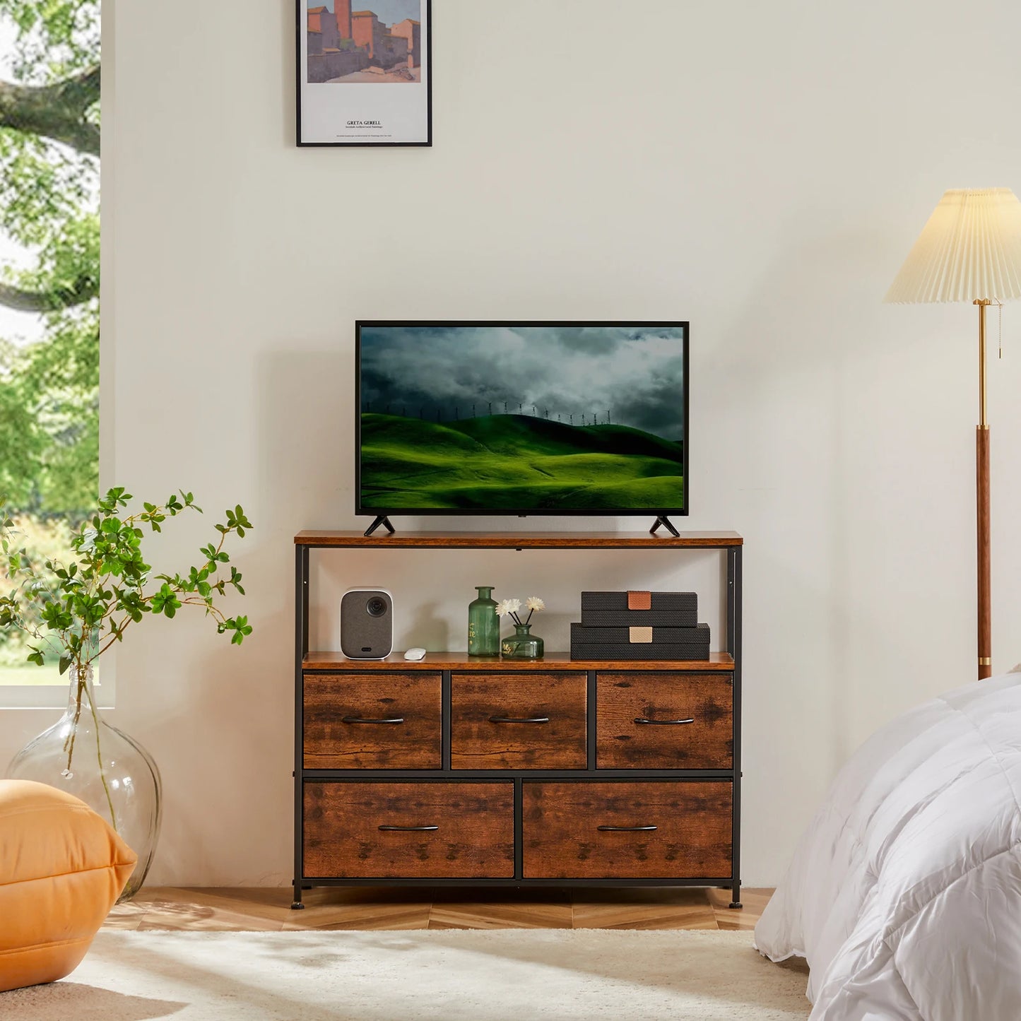 JHK Bedroom TV Stand Dresser With Fireplace Fabric Storage Drawers