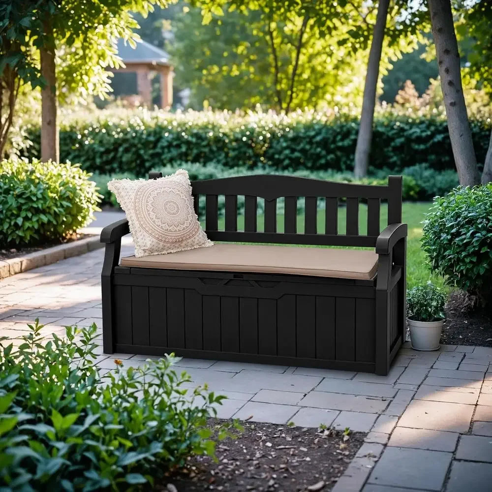 Lockable Outdoor Storage Bench With Seat Cushions For Patio Garden