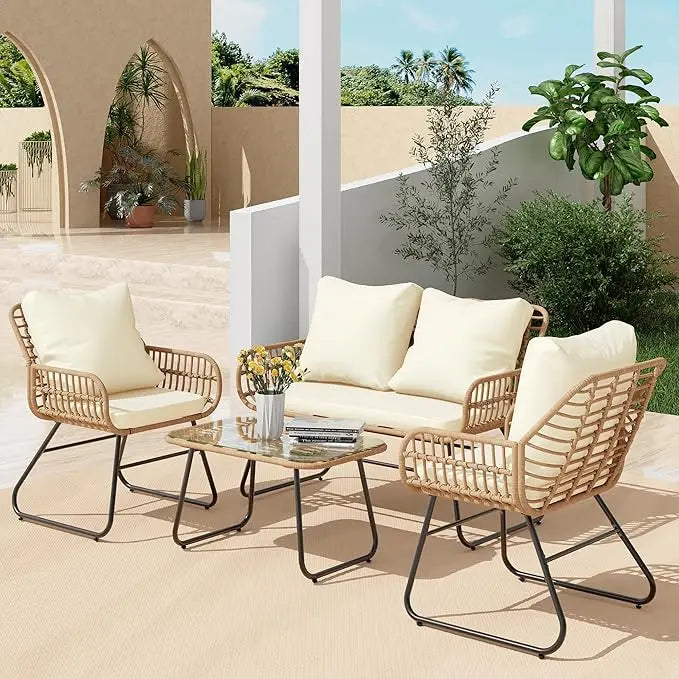 XIUWO 4 Piece Outdoor Patio Furniture Tempered Glass Table Cushions