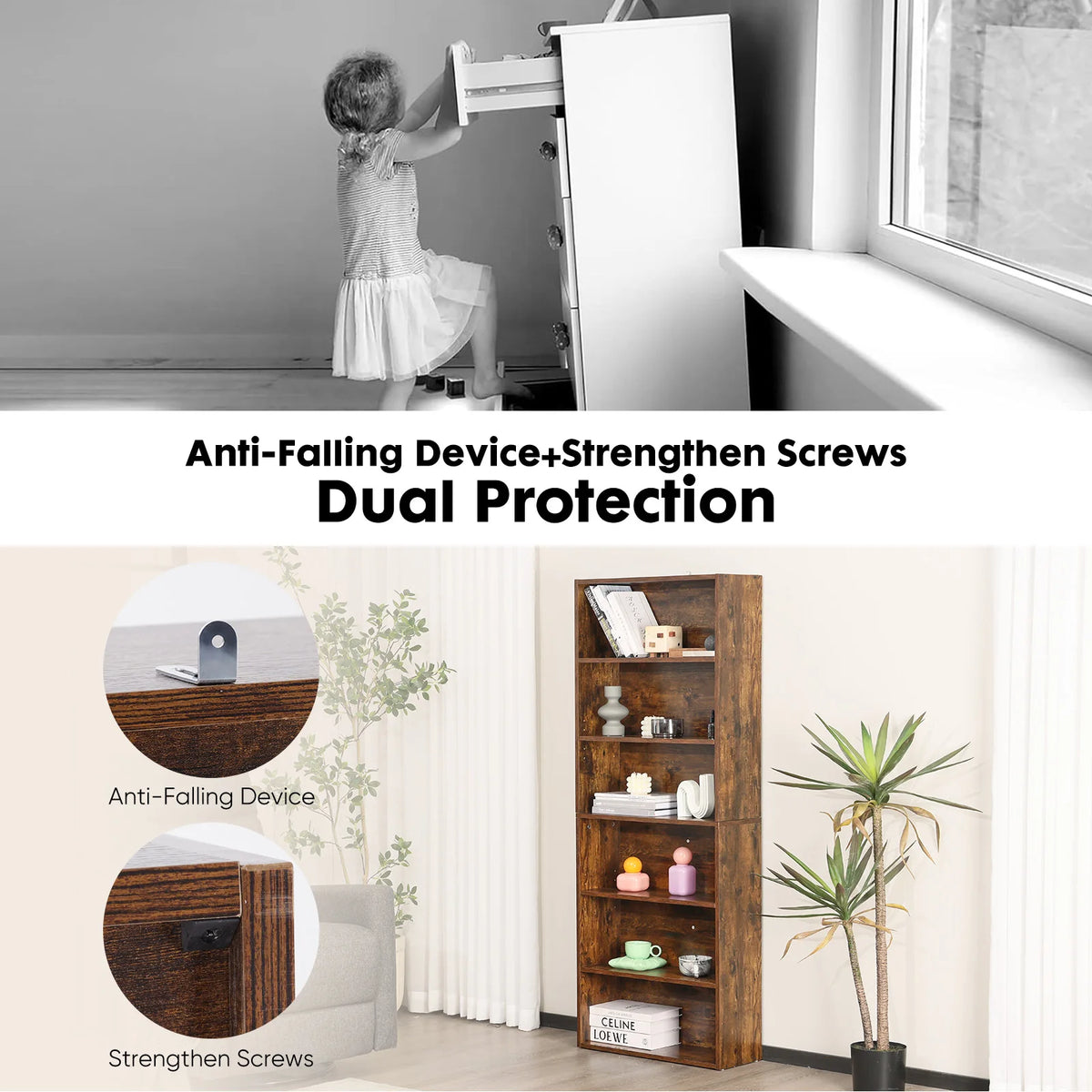 JHK Wooden Bookcase Floor Standing Open Shelf For Home Office