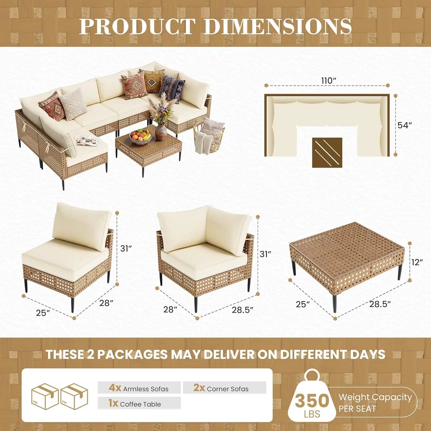 Modern Bamboo Modular Patio Sectional Sofa Set With Glass Table