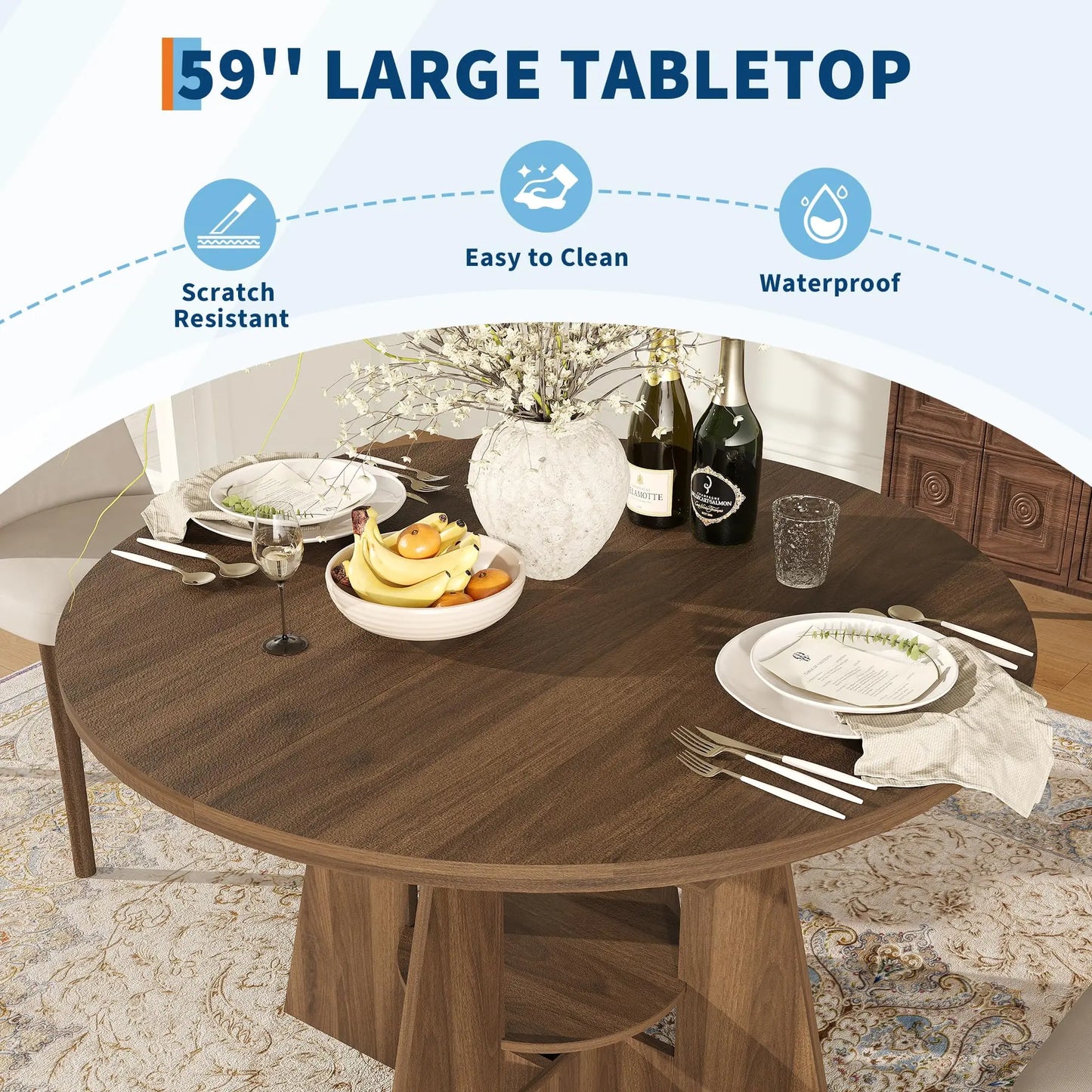HiMISS Extendable Round Dining Table with Storage Pedestal Base