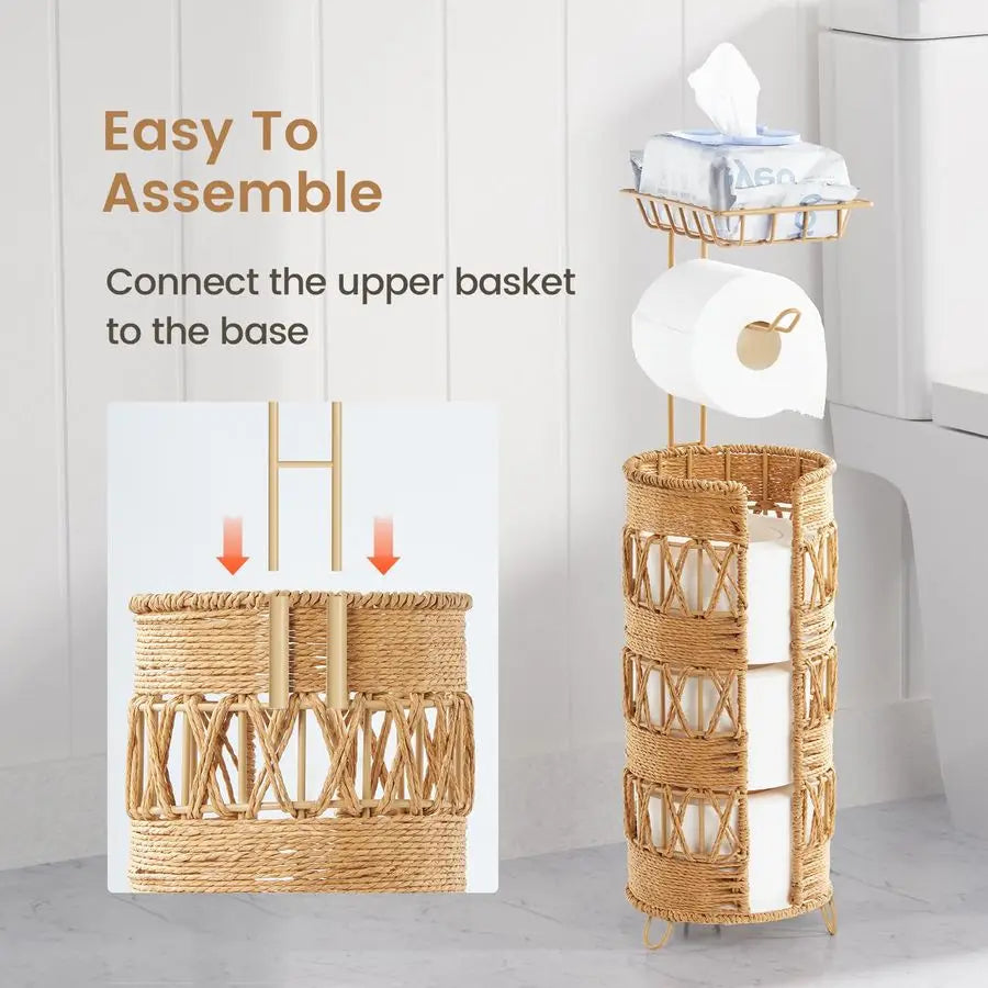 XMSJ Handmade Rattan Toilet Paper Holder Stand for Mega Rolls