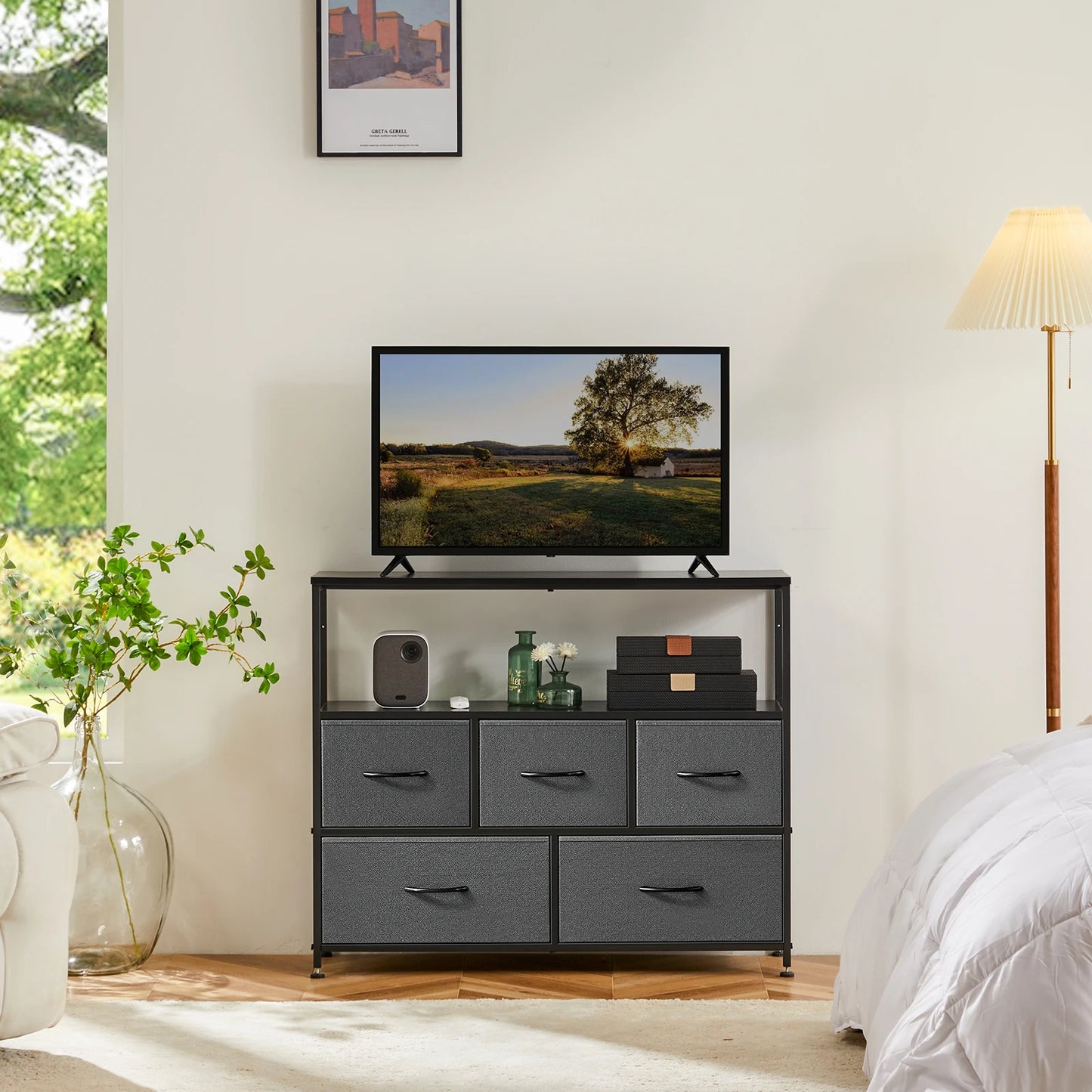 JHK Bedroom TV Stand Dresser With Fireplace Fabric Storage Drawers