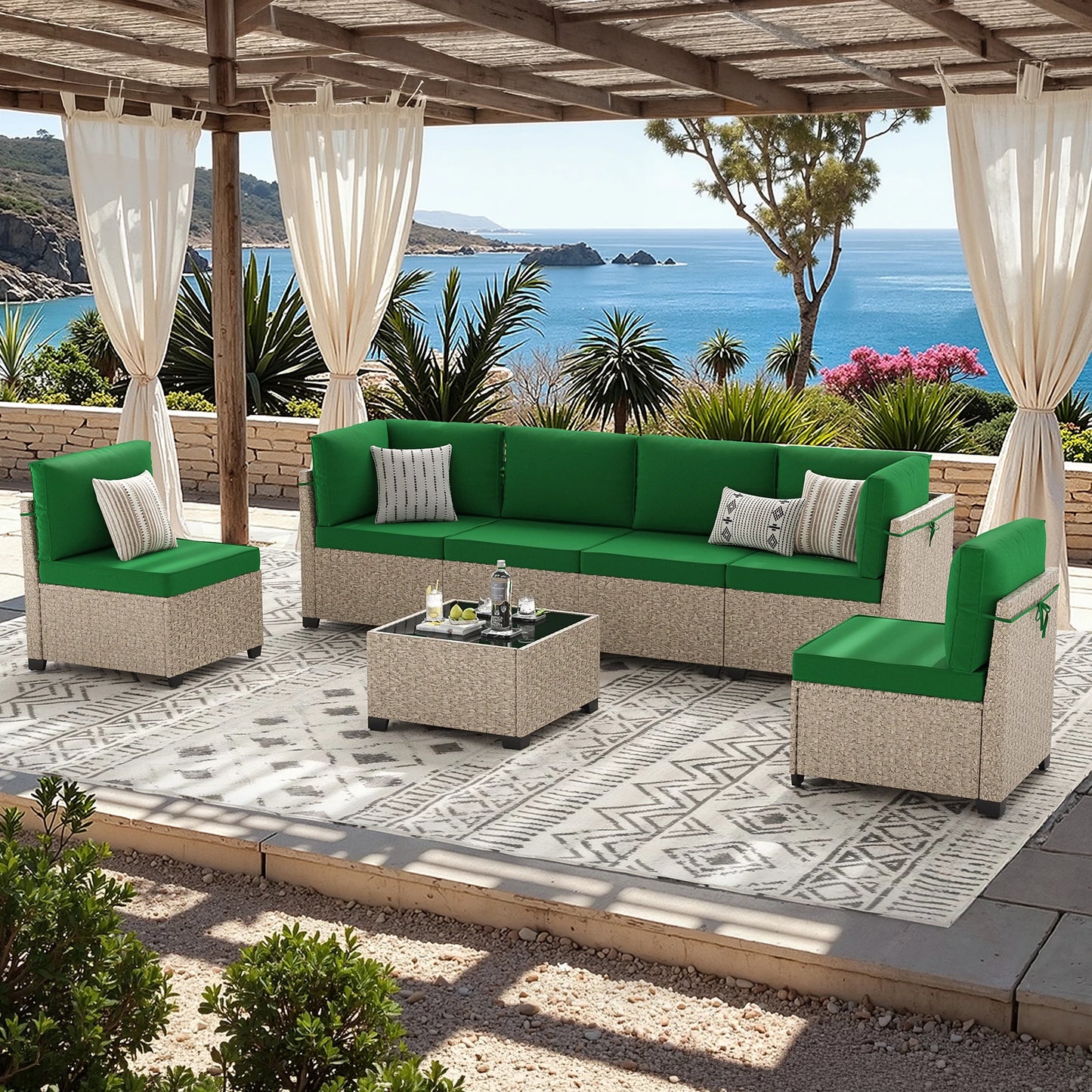 Outdoor 7 Piece Rattan Sectional Sofa With Tempered Glass Table