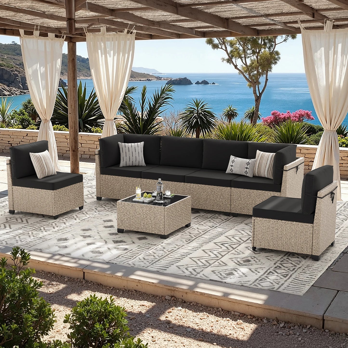 Outdoor 7 Piece Rattan Sectional Sofa With Tempered Glass Table