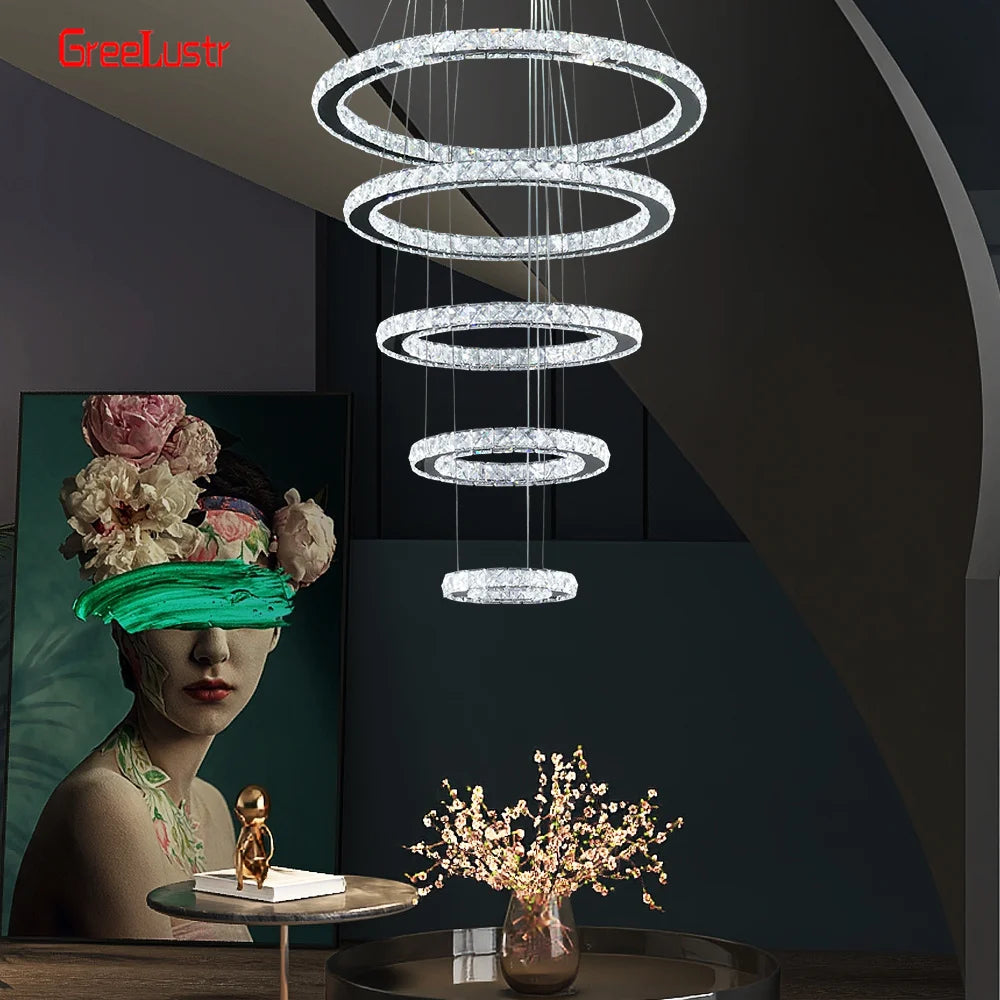 GreeLustr Modern Crystal Chrome Led Pendant Light Adjustable Ring Chandelier