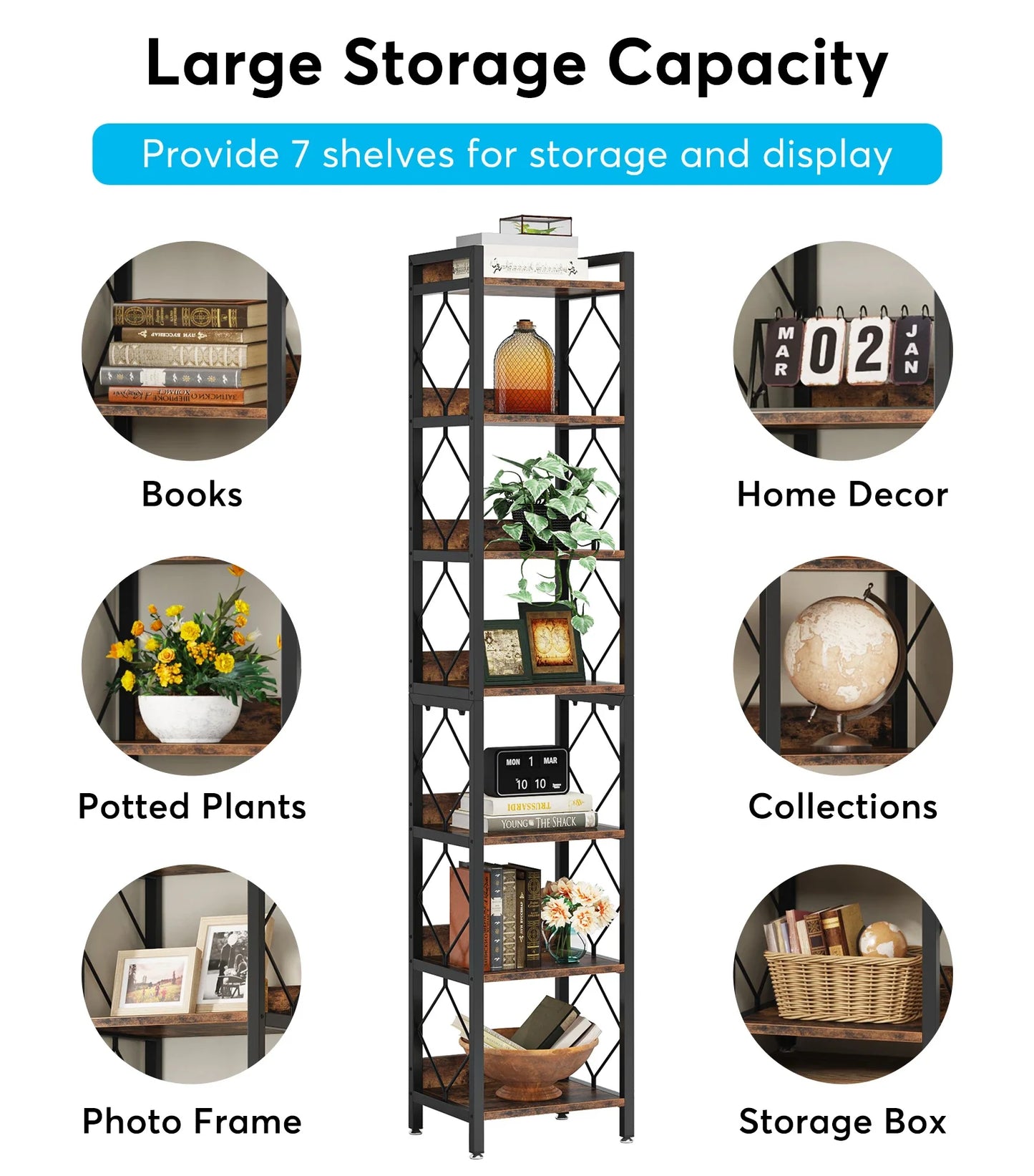 Tribesigns 7 Tier Tall Narrow Wood Bookshelf Freestanding Small Spaces