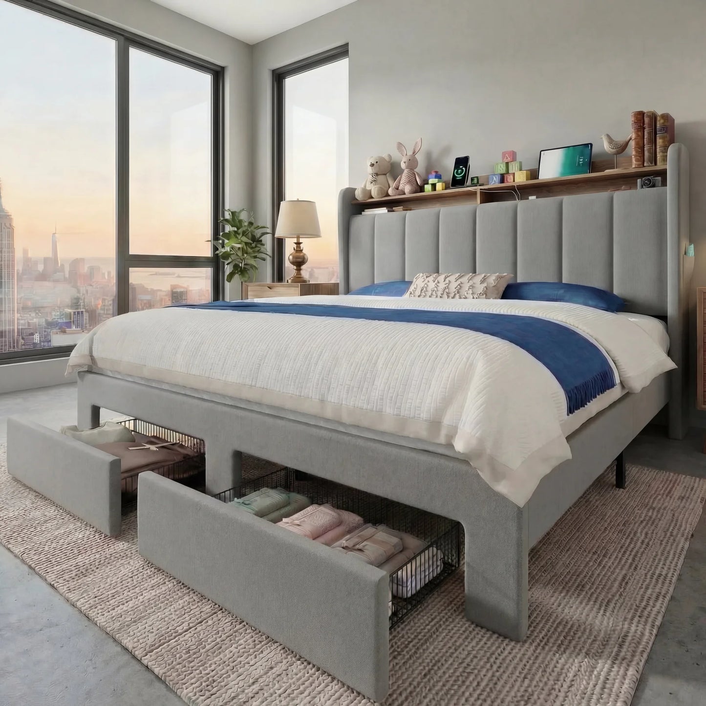 HOOMIC Bed Frame With Storage Drawers Shelves LED Lights Charging