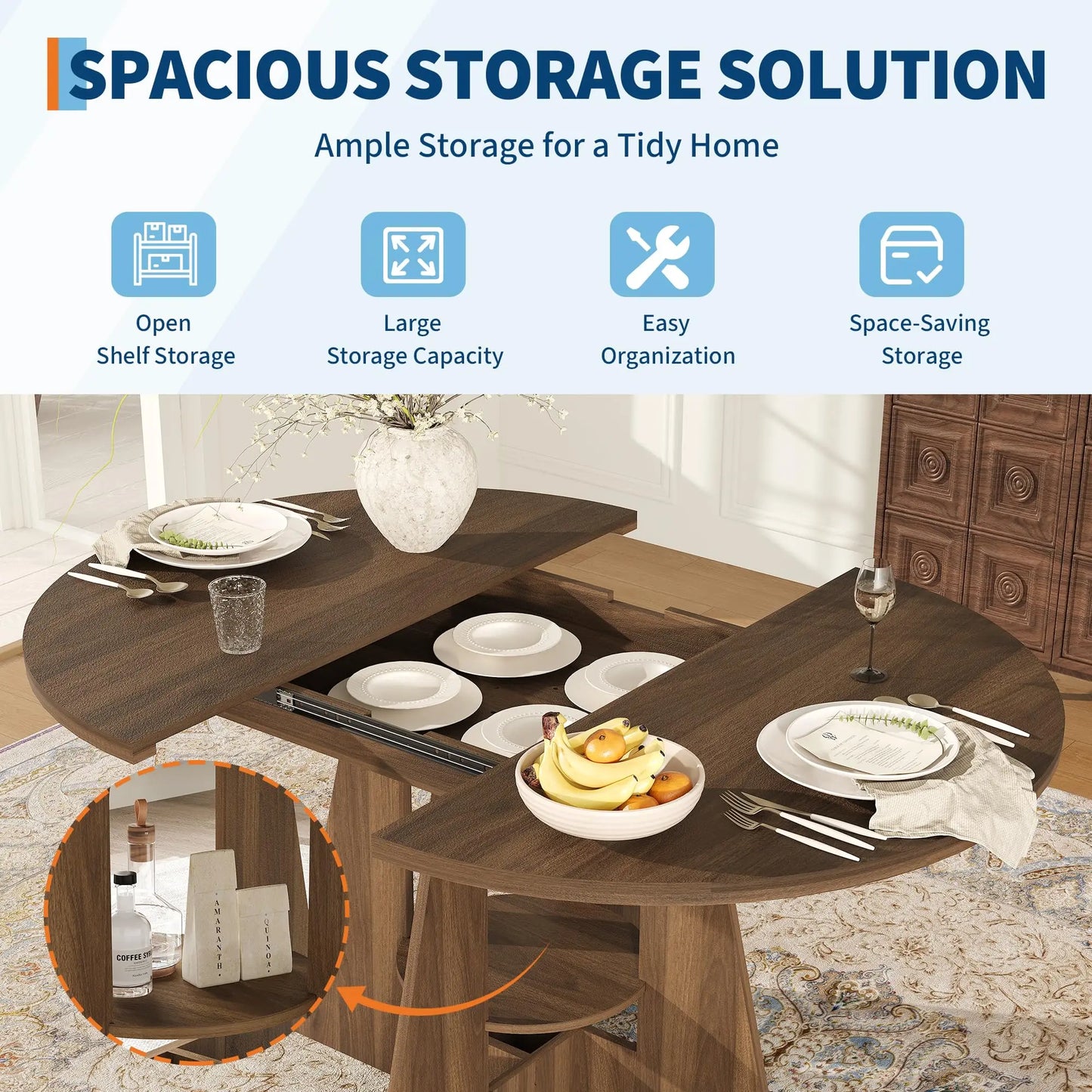 HiMISS Extendable Round Dining Table with Storage Pedestal Base