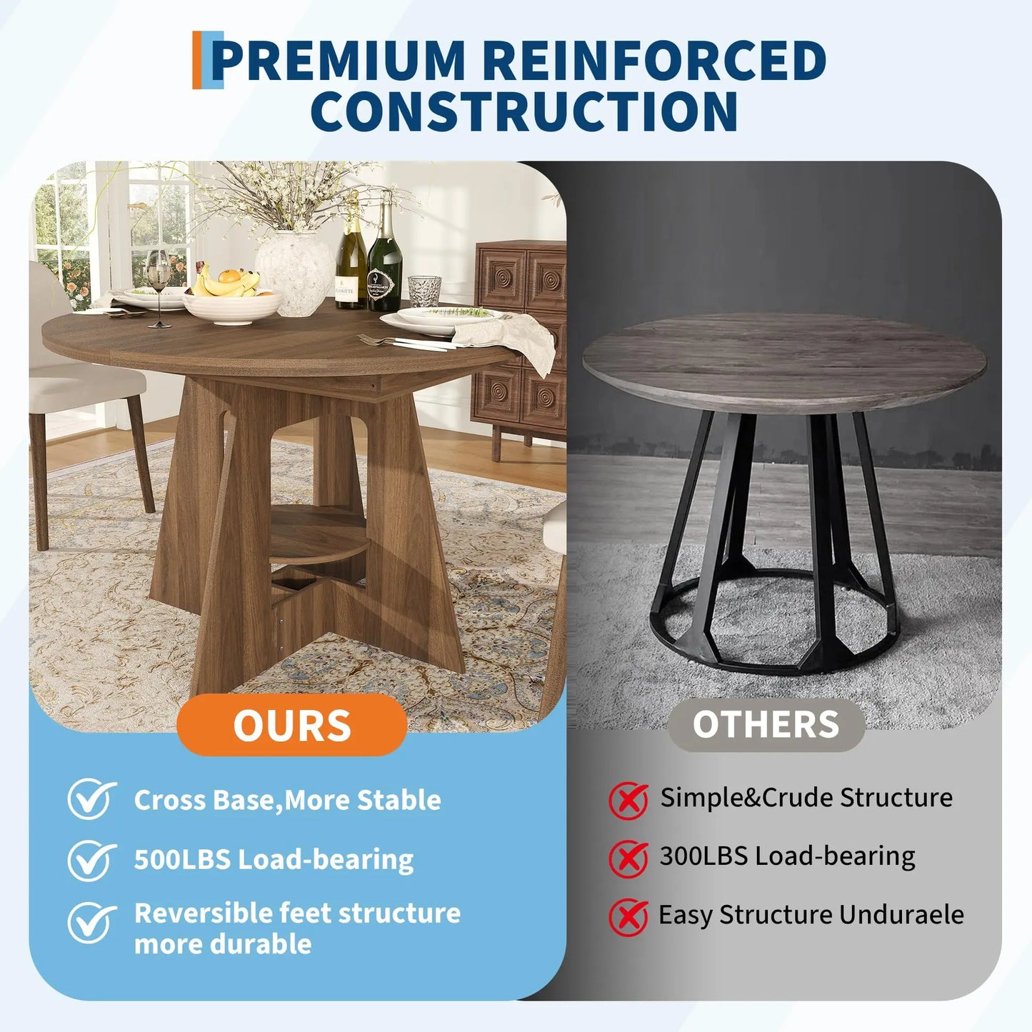 HiMISS Extendable Round Dining Table with Storage Pedestal Base