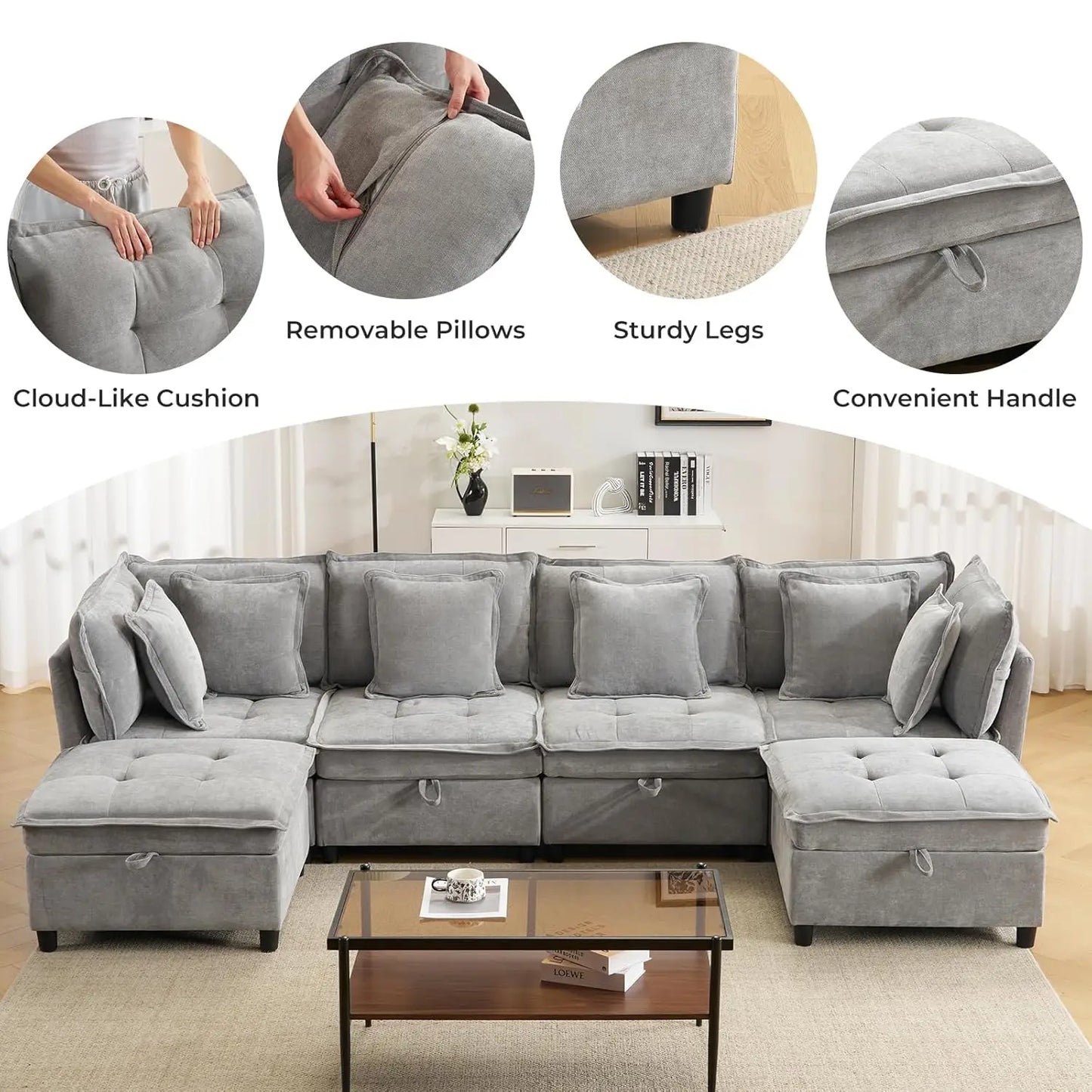 Cloud U Shaped Modern Sofa And L Shaped Sectional For Home Theater With Ottomans