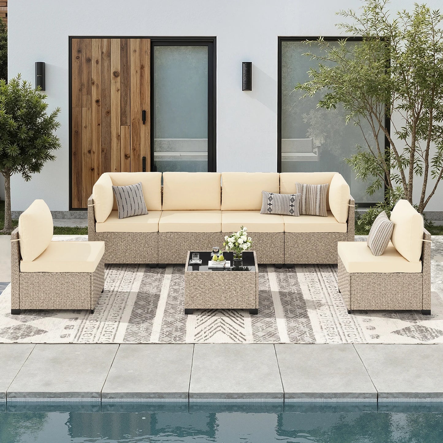 Outdoor 7 Piece Rattan Sectional Sofa With Tempered Glass Table