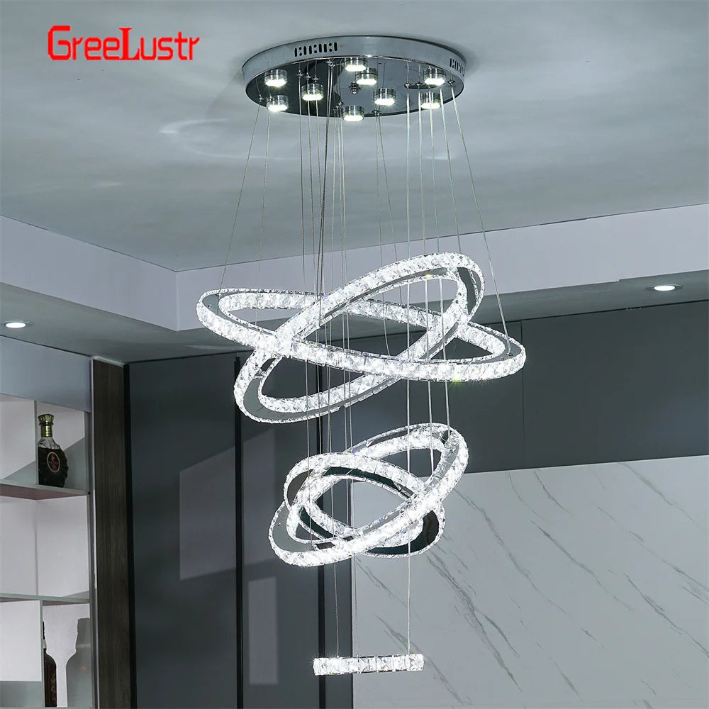 GreeLustr Modern Crystal Chrome Led Pendant Light Adjustable Ring Chandelier