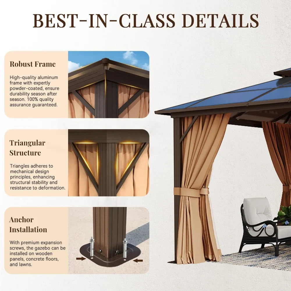 XMSJ Hardtop Gazebo With Double Roof Aluminum Frame Netting Curtains