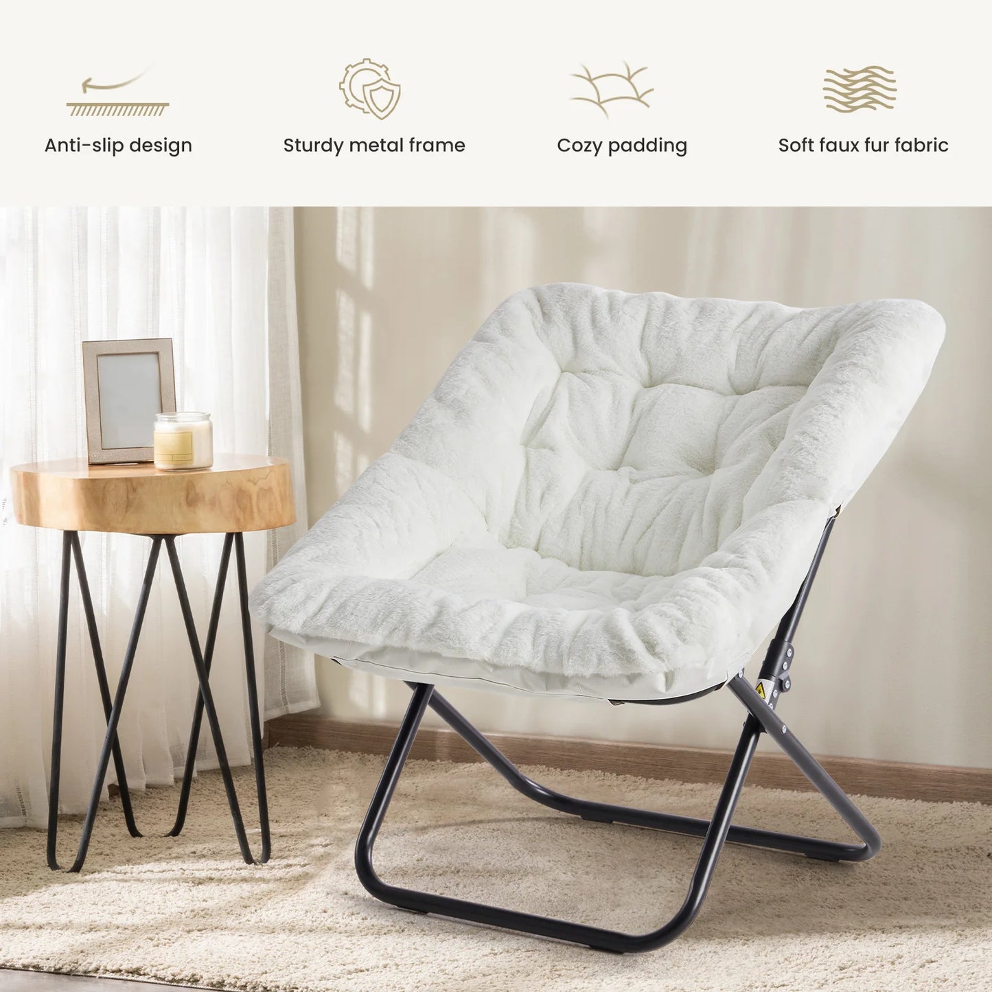 JHK Cozy Saucer Chair With Faux Fur Padded Seat And Metal Frame