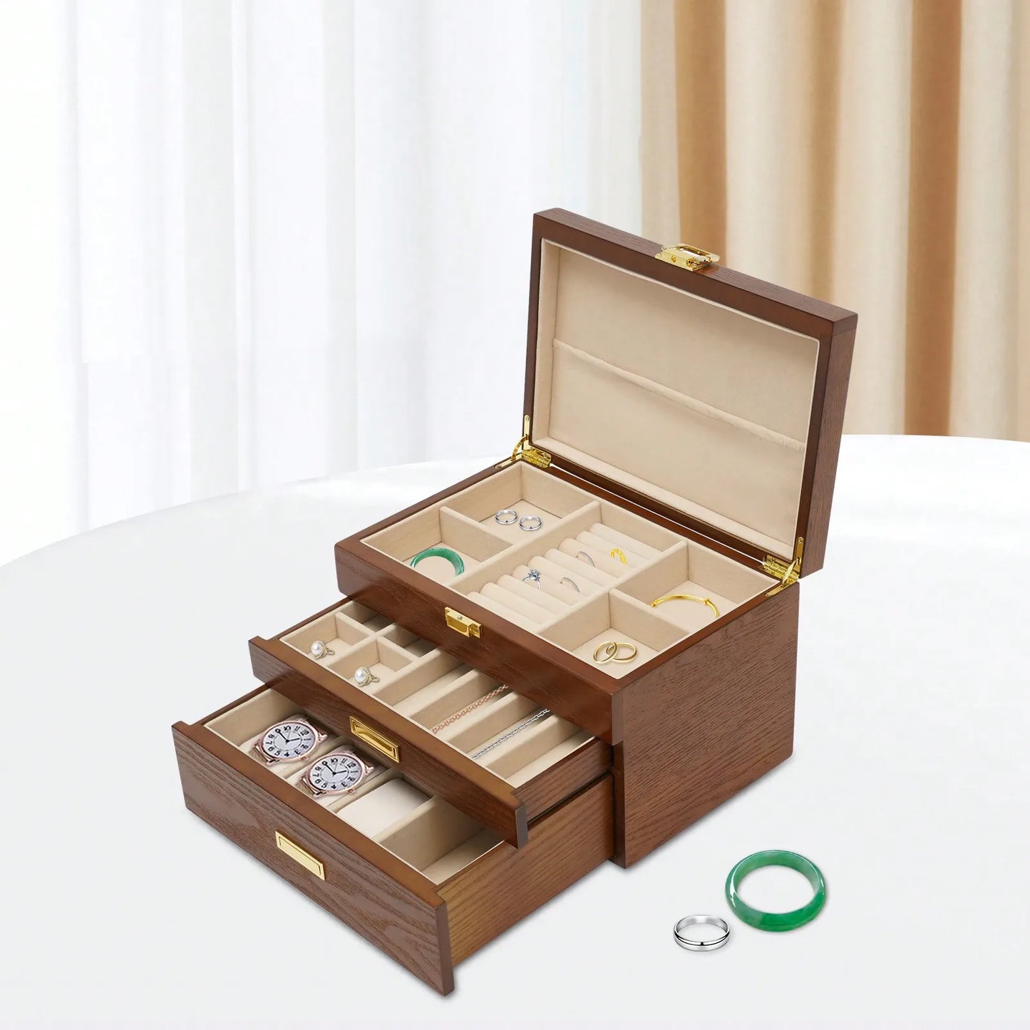 NONECN Wooden Jewelry And Watch Display Case Organizer