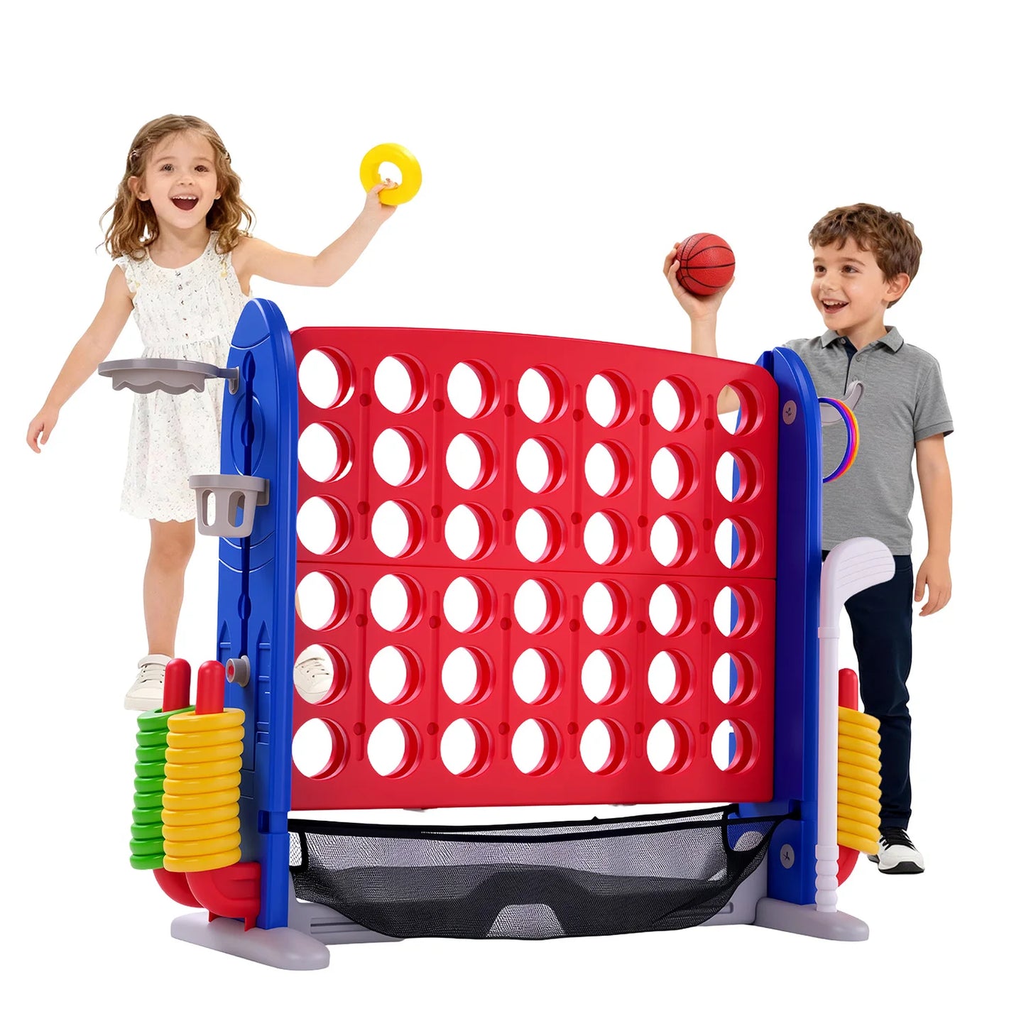 Giant 4-In-1 Connect Game Set With Basketball Hoop Ring Toss