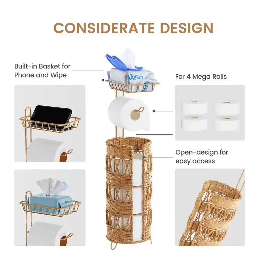XMSJ Handmade Rattan Toilet Paper Holder Stand for Mega Rolls