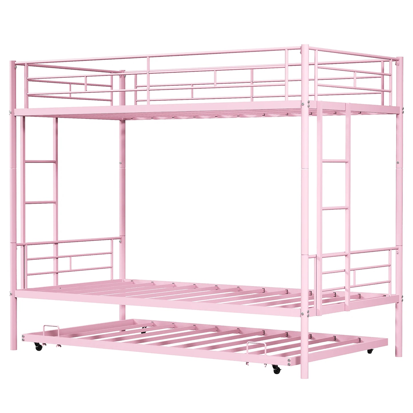 Twin Over Twin Bunk Bed With Trundle Dual Ladder Safety Rails Metal Construction
