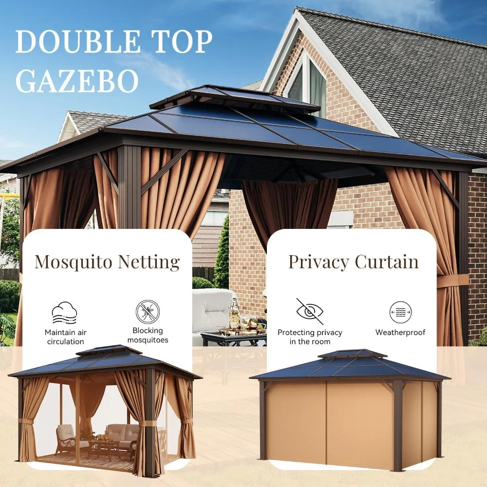 XMSJ Hardtop Gazebo With Double Roof Aluminum Frame Netting Curtains
