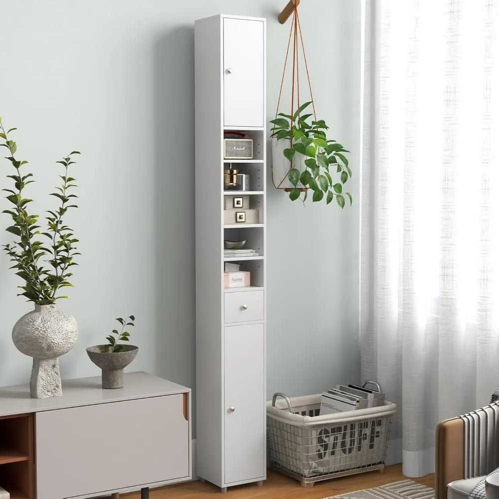 Wooden Bathroom Cabinet With Drawer Two Doors Five Open Shelves